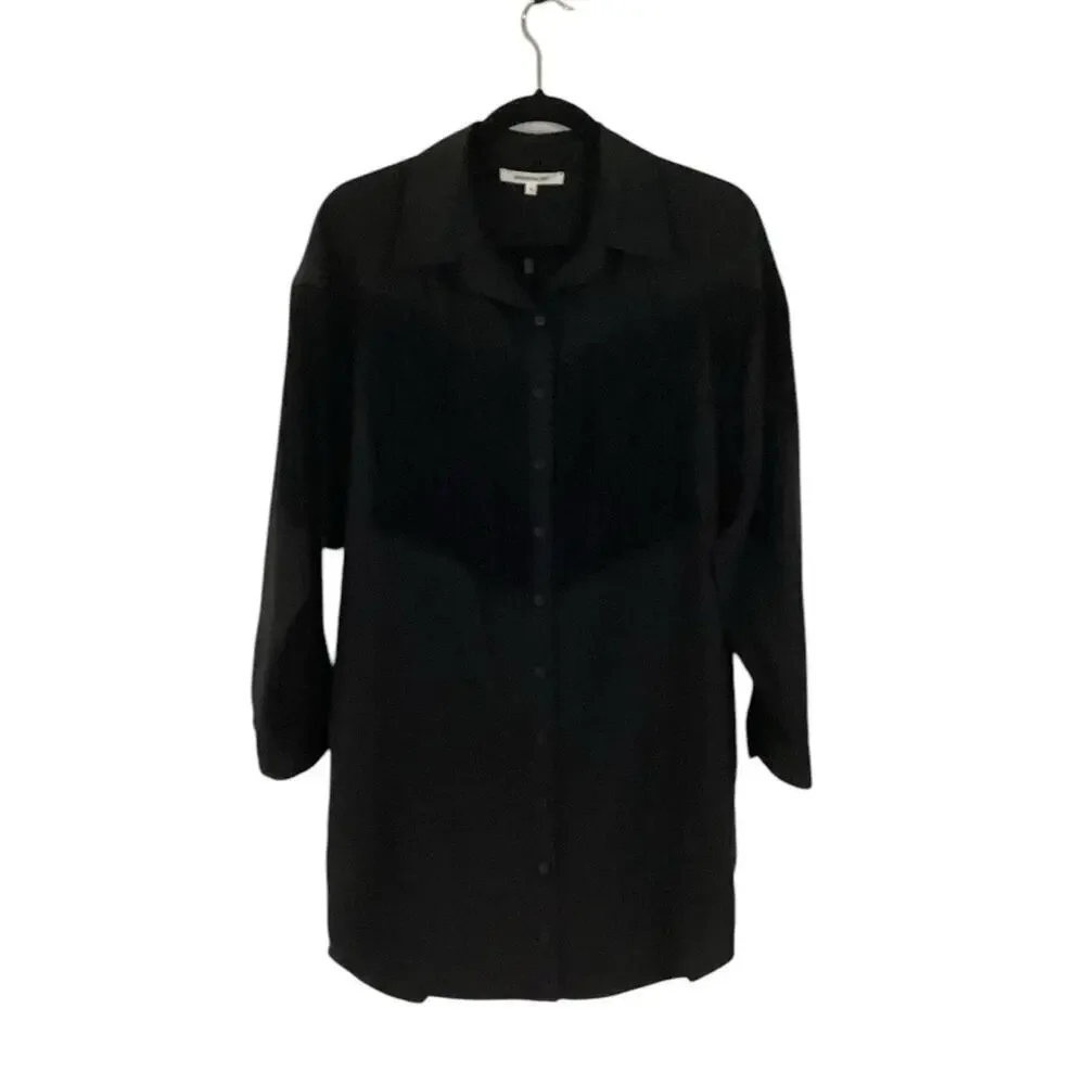 Emerson Fry Fringe Shirtdress In Black Tencel Button Front Pockets Size Small - Picture 2 of 15